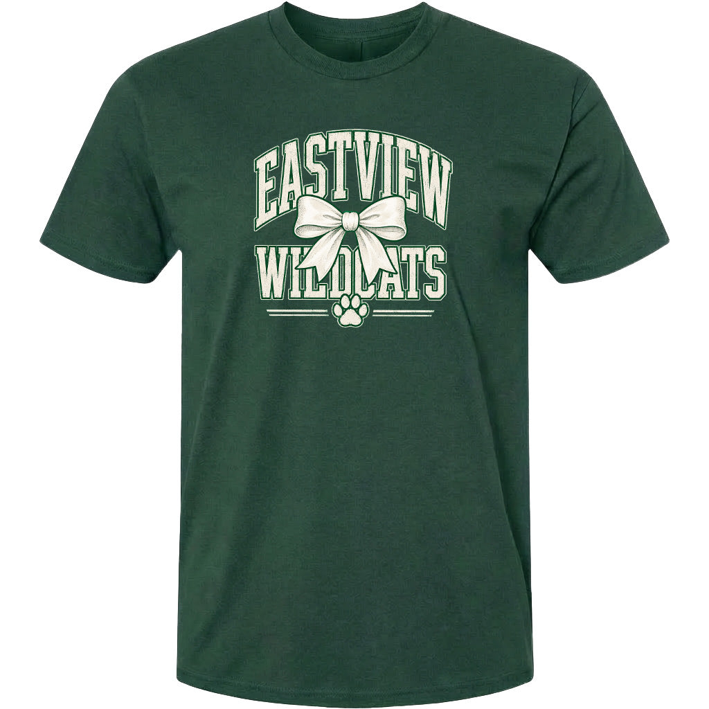 A dark green t-shirt with a white graphic design featuring the text "EASTVIEW WILDLIFE" and a bow.