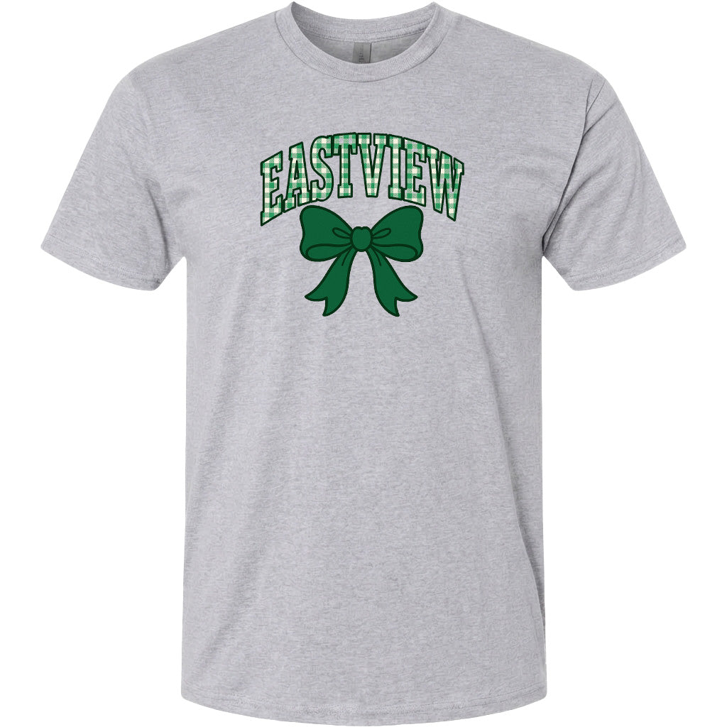 A gray t-shirt with a green bow and the word "EASTVIEW" printed on it.