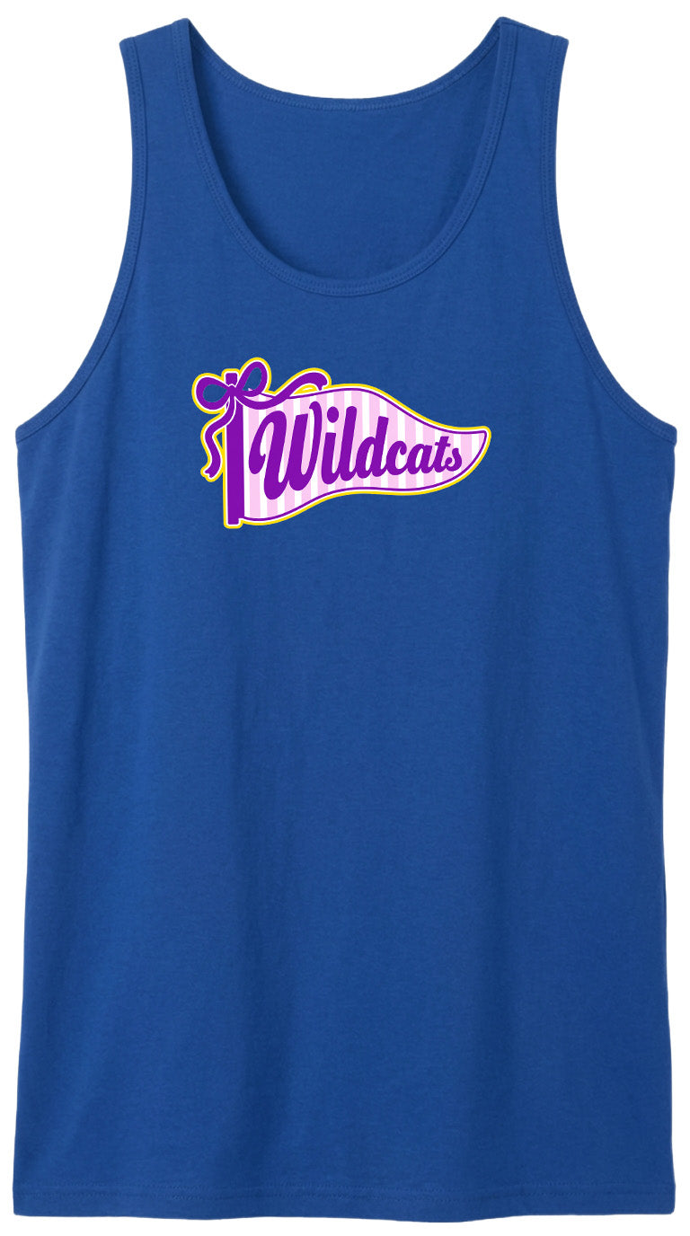A blue tank top with a graphic design featuring the word "Wildcats" in purple and yellow colors.