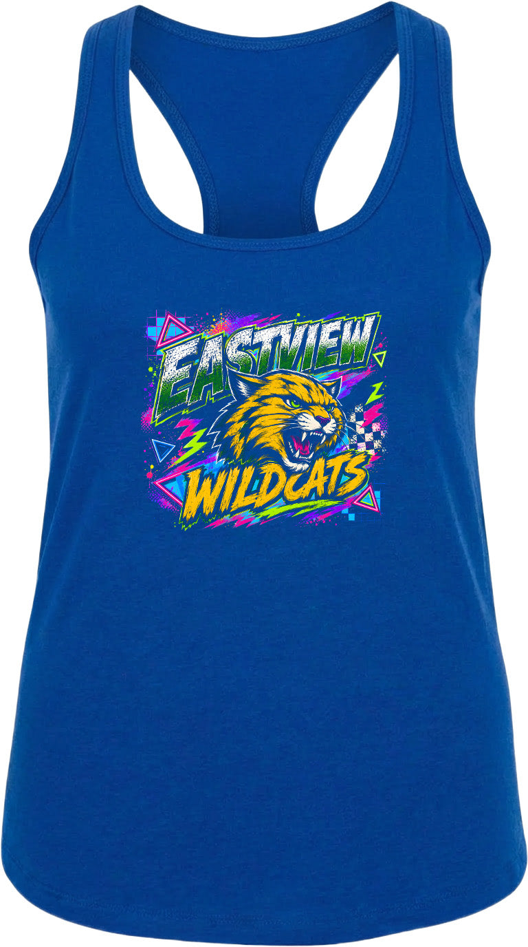 A blue tank top with a graphic design featuring a cat's head and the text "EASTVIEW WILDCATS" in a colorful, stylized font.
