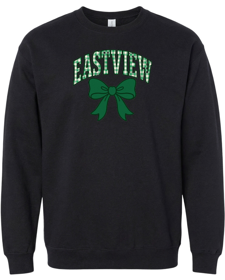 A black sweatshirt with a green bow and the word "EASTVIEW" printed on it.