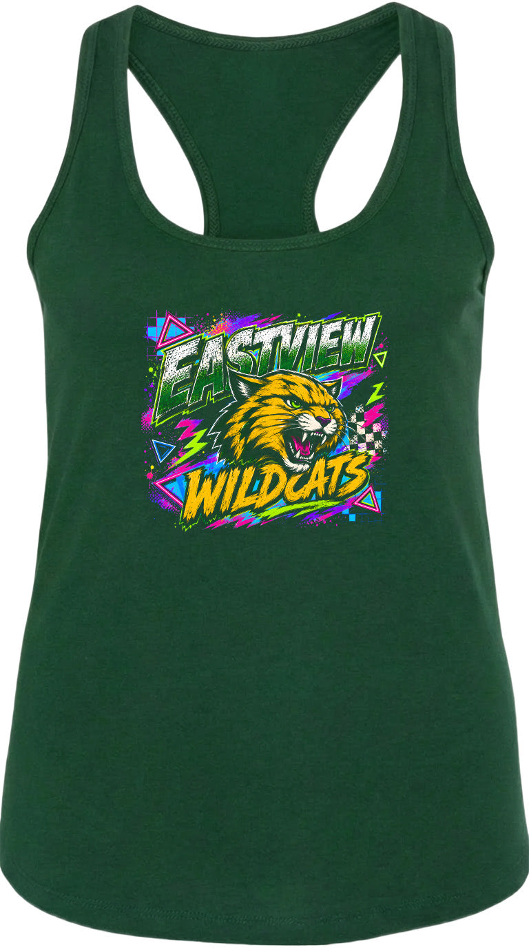 A green tank top with a graphic design featuring a yellow and orange cat's head surrounded by colorful geometric shapes and the text "EASTVIEW WILDCATS".