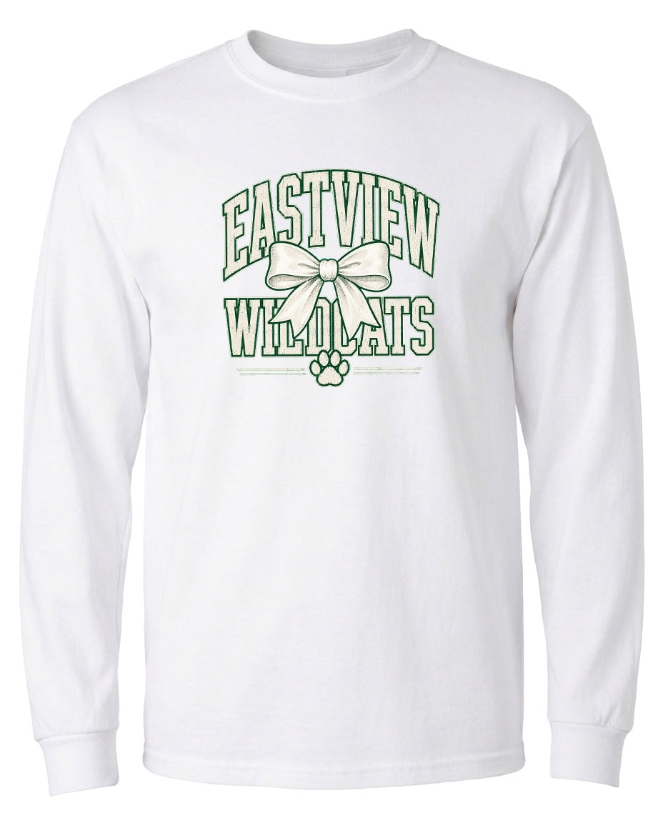 A white long-sleeved t-shirt with a graphic design featuring the text "EASTVIEW WILDLIFE" and a bow.