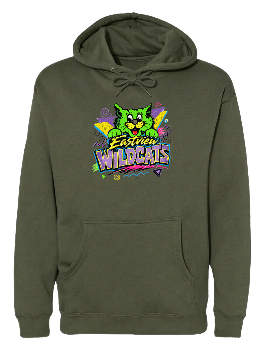 A green hoodie with a colorful graphic design featuring a cartoon cat and the text "EASTVIEW WILDCATS".