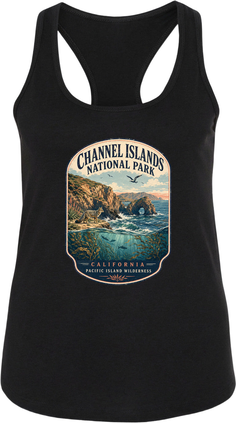 A black tank top with a graphic design depicting the Channel Islands National Park in California, featuring a scenic landscape with cliffs, water, and wildlife.