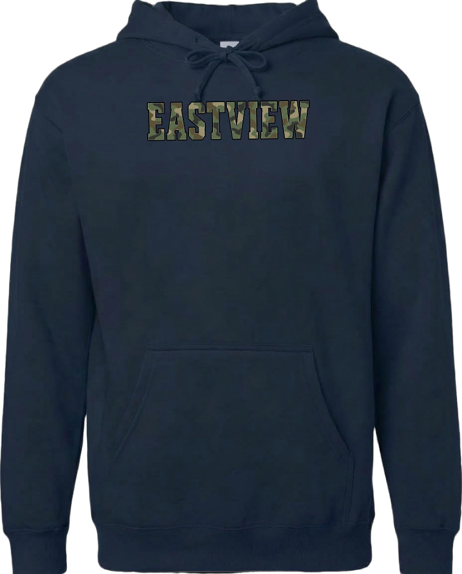 A navy blue hoodie with the word "EASTVIEW" printed on it in a camouflage pattern.