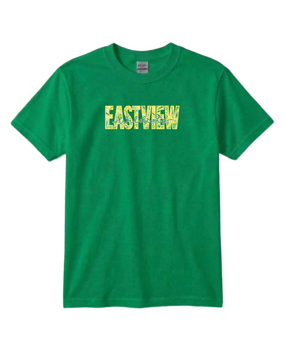 A green t-shirt with the word "EASTVIEW" printed on it in a stylized font.