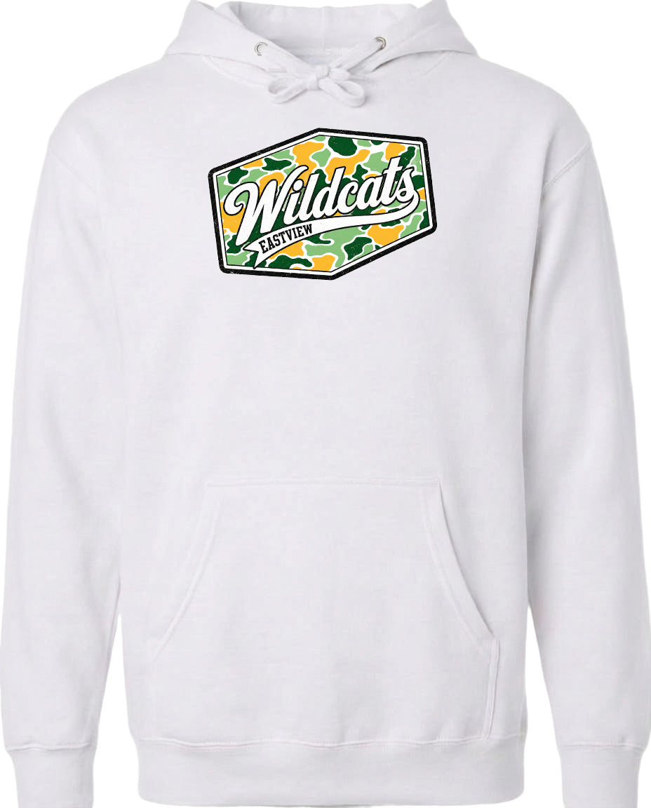 A white hoodie with a graphic design on the front.