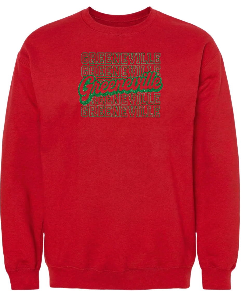 A red sweatshirt with a graphic design featuring the text "Greenville" in green and white.