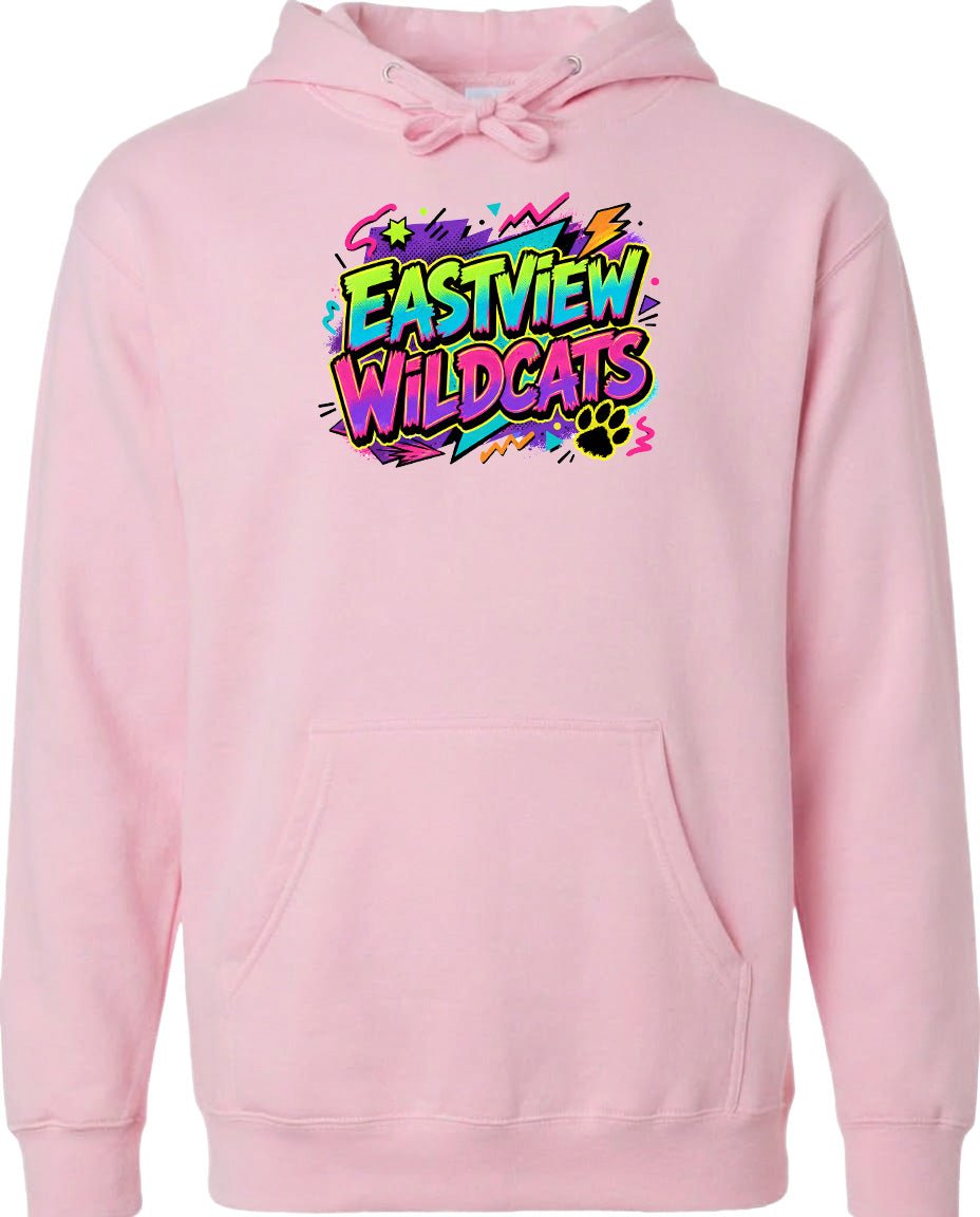 A pink hoodie with a graphic design featuring the text "EASTVIEW WILDCATS" and a paw print.