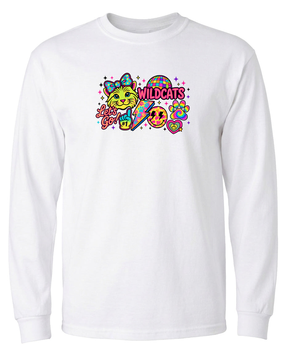 A white long-sleeved t-shirt with a colorful graphic design featuring a cat, a smiley face, and various other elements.
