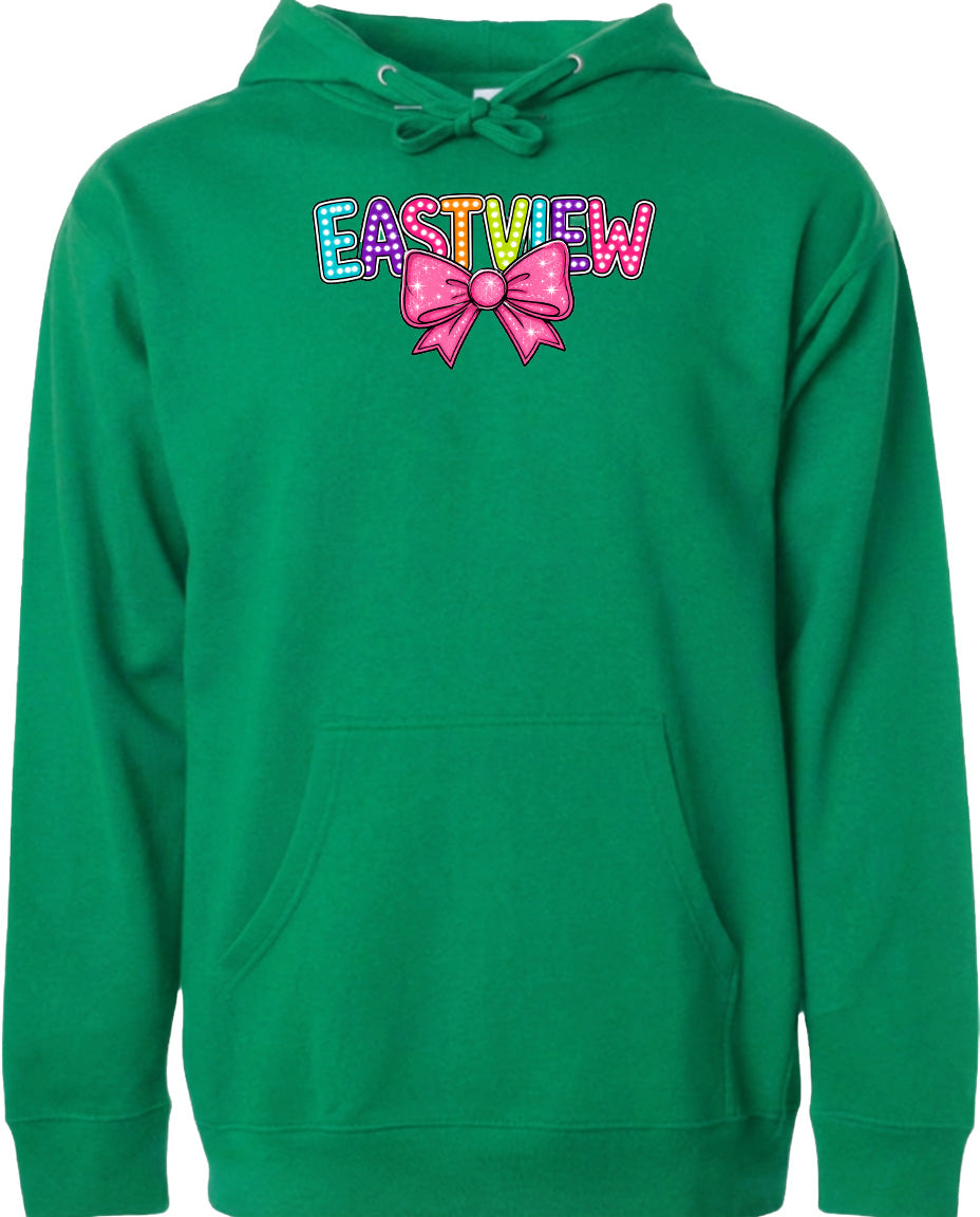 A bright green hoodie with a colorful bow and the word "EASTVIEW" printed on it.