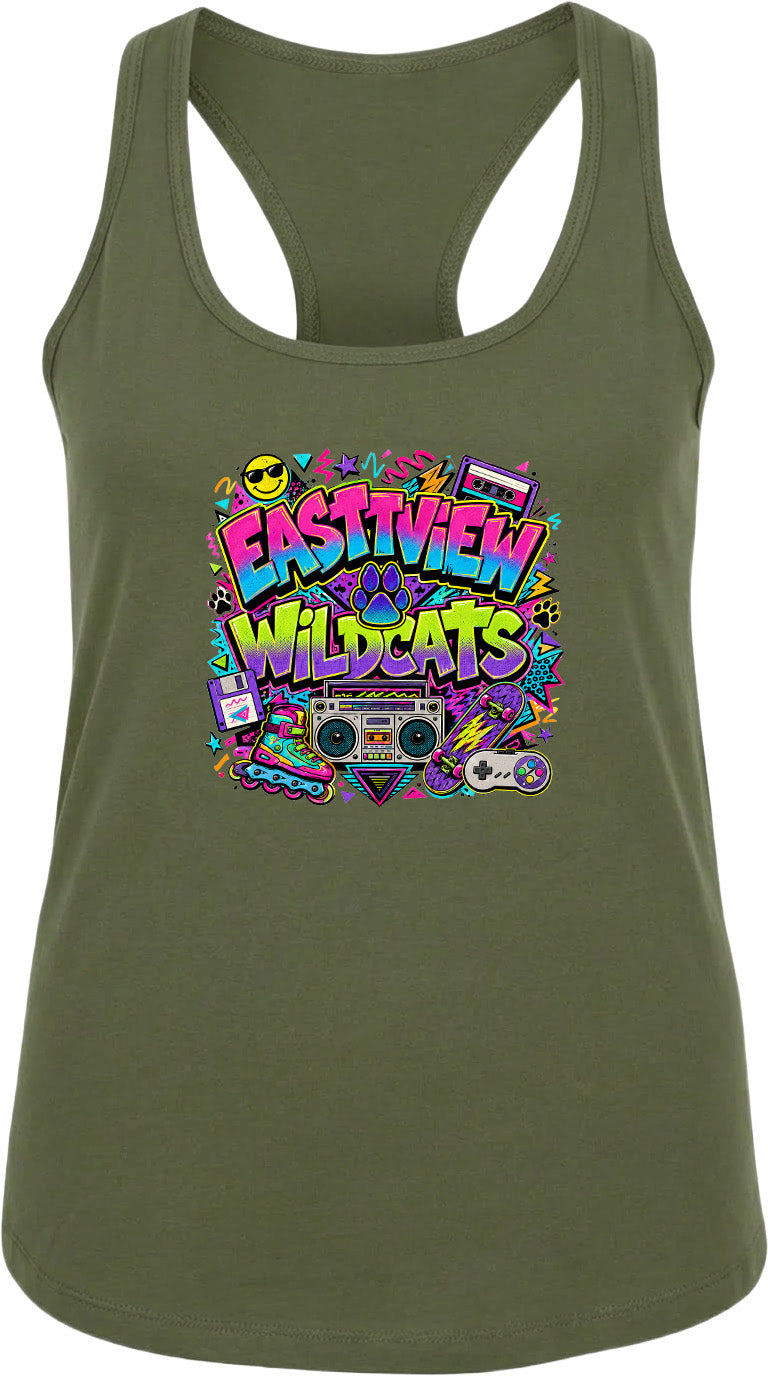 A green tank top with a colorful graphic design featuring the text "EASTVIEW WILDCATS" surrounded by various icons and elements, such as a boombox, cassette tape, and other retro-style objects.