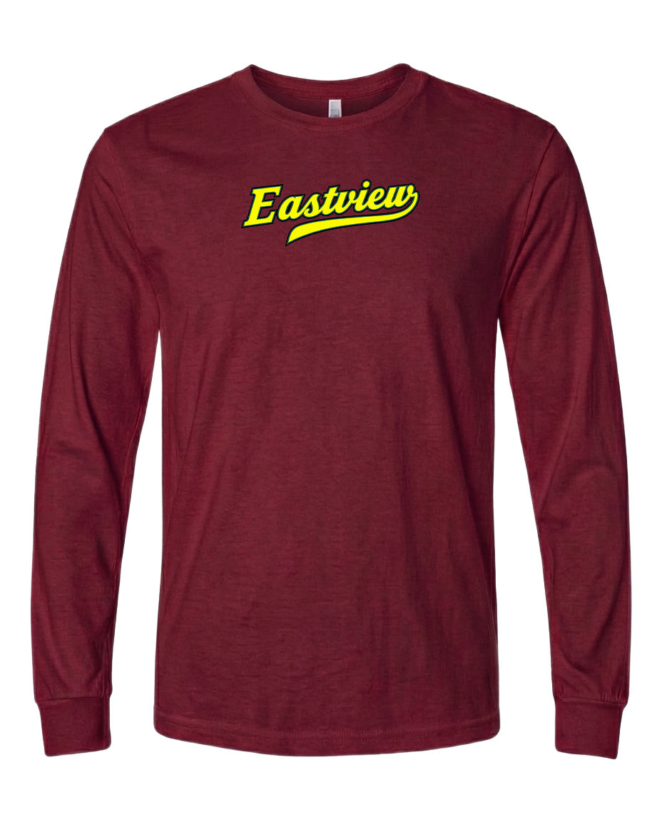 A maroon long-sleeve t-shirt with the text "Eastview" printed in yellow on the front.
