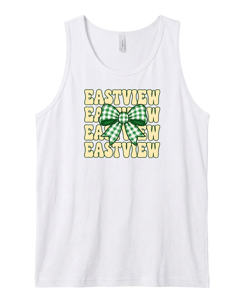 A white tank top with a green and white checkered bow printed on it.