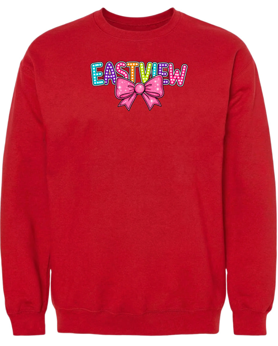 A red sweatshirt with the word "EASTVIEW" and a bow graphic printed on it.