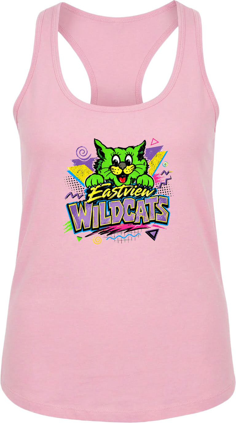 A pink tank top with a graphic design featuring a cartoon cat and the text "Eastview Wildcats".