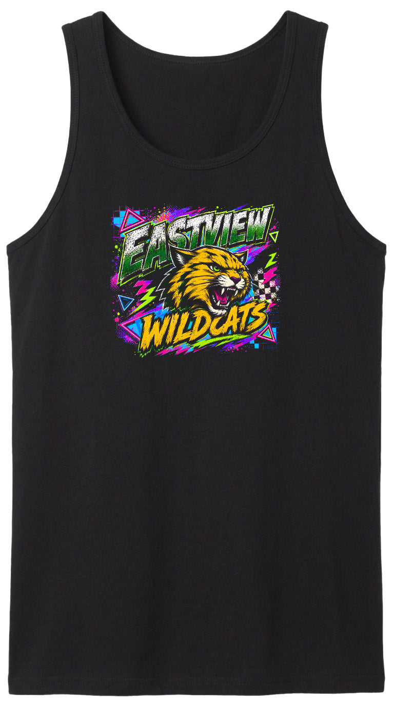 A black tank top with a colorful graphic design featuring a fierce-looking tiger or lion-like creature with a wide-open mouth, surrounded by vibrant geometric shapes and patterns.