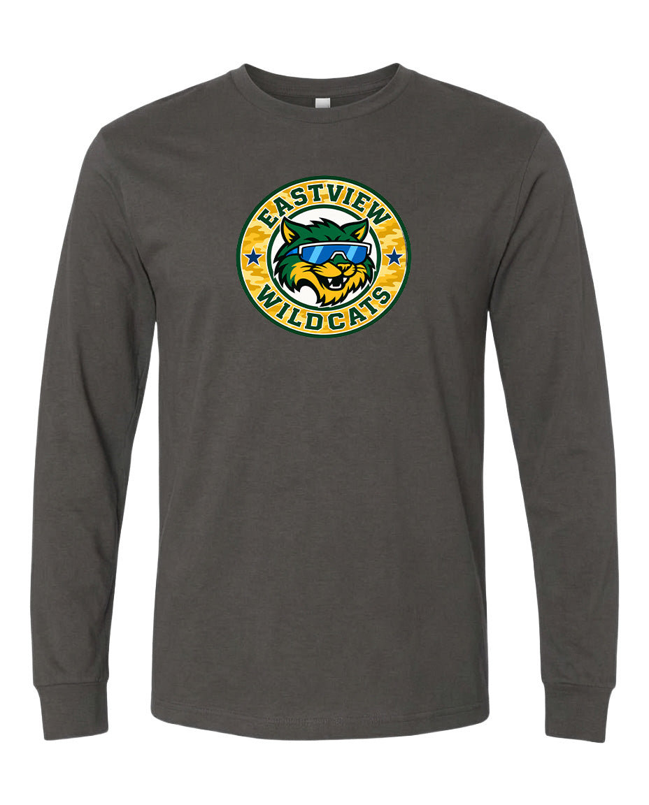 A gray long-sleeved t-shirt with a circular logo featuring a cartoon-like wildcat wearing sunglasses.