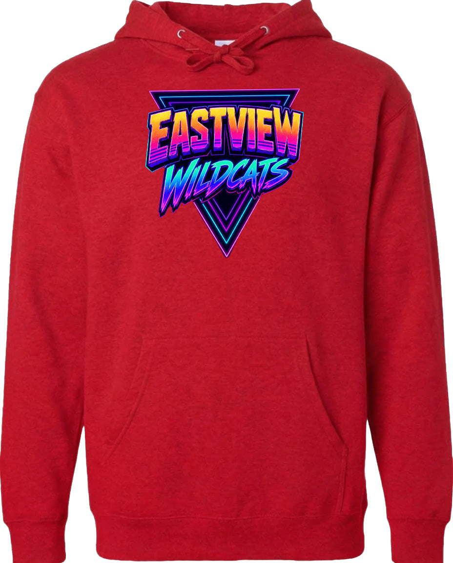A red hoodie with a graphic design featuring the text "EASTVIEW WILDCATS" in a colorful, retro-style font.