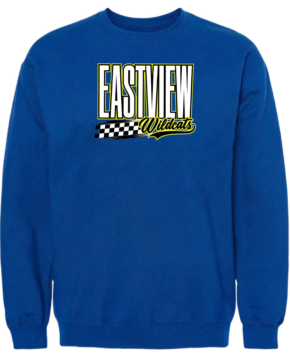 A blue sweatshirt with a logo on it.