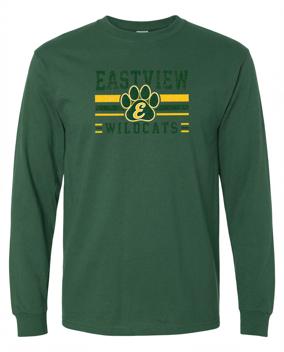 A green long-sleeved t-shirt with a graphic design featuring a paw print and the text "EASTVIEW WILDCATS" printed on it.