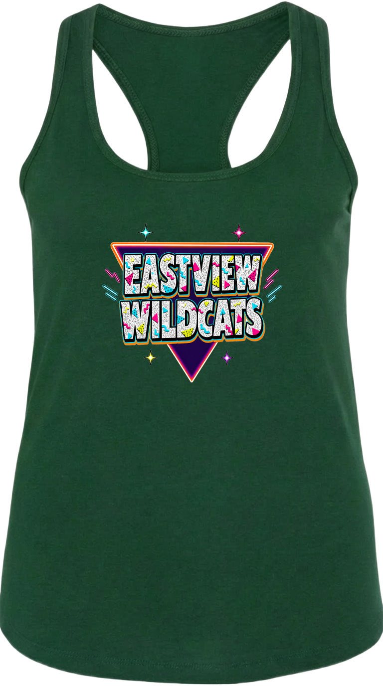 A green tank top with a colorful graphic design featuring the text "EASTVIEW WILDCATS" in a retro style.