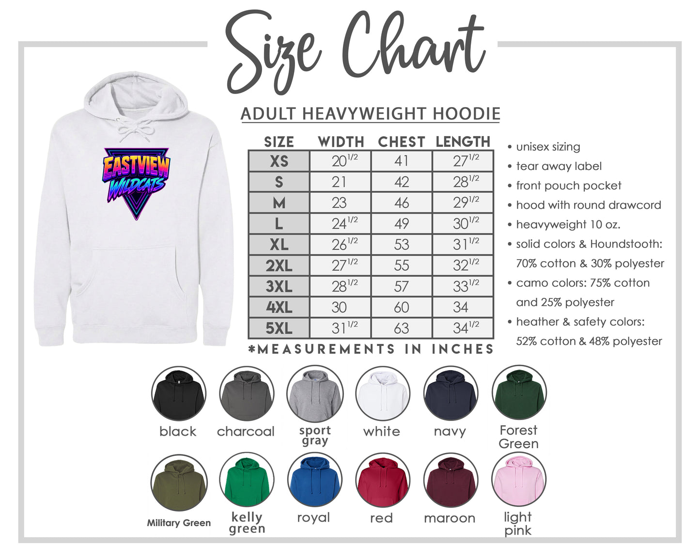 The image is a size chart for an adult heavyweight hoodie, including various color options and measurements in inches.