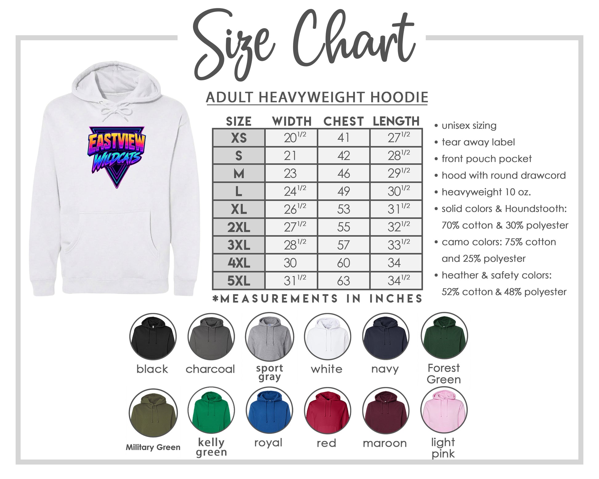 The image is a size chart for an adult heavyweight hoodie, including various color options and measurements in inches.