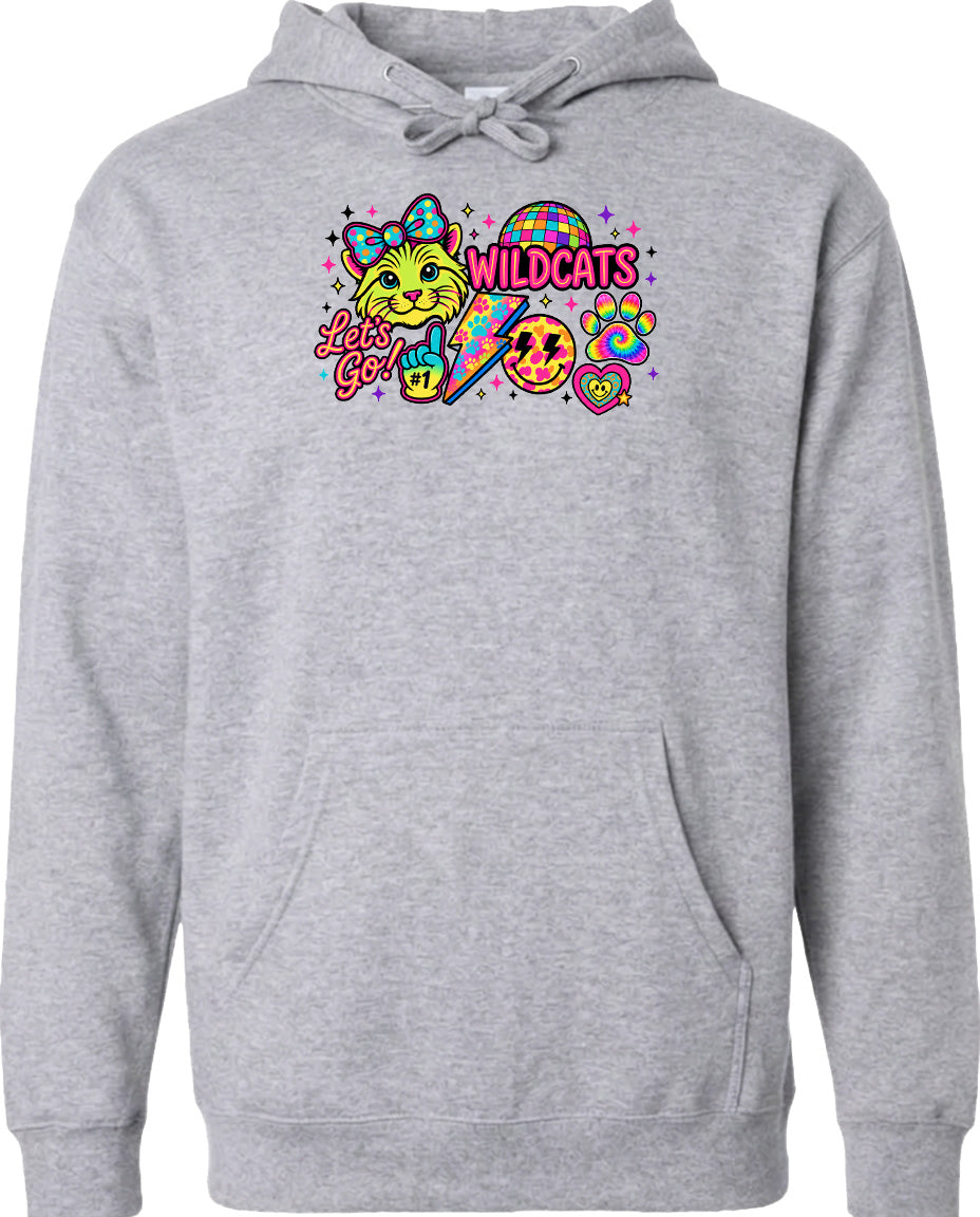 A gray hoodie with a colorful graphic design featuring a cartoon cat, a rainbow, and various other whimsical elements.