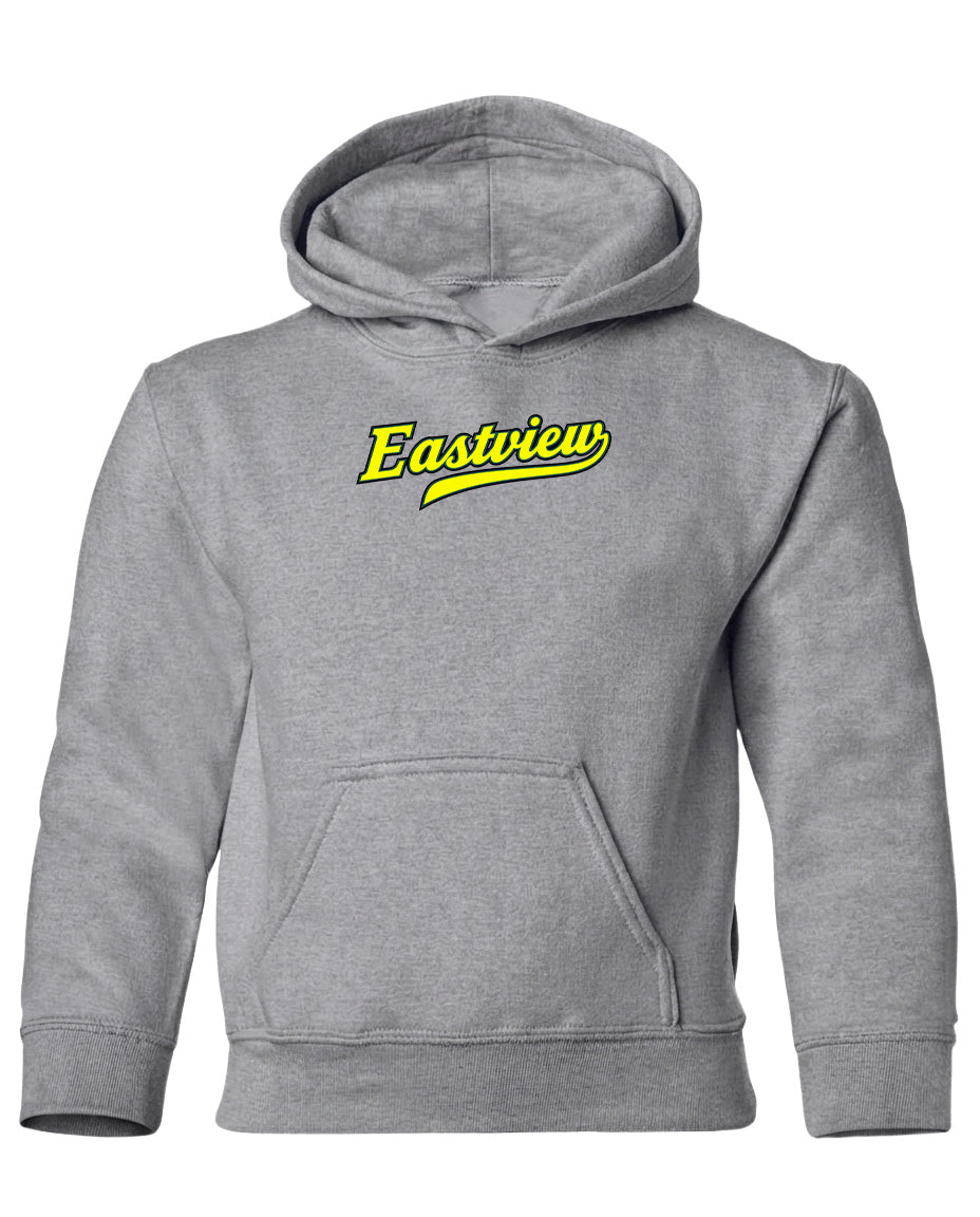 A gray hooded sweatshirt with a yellow logo on the front.
