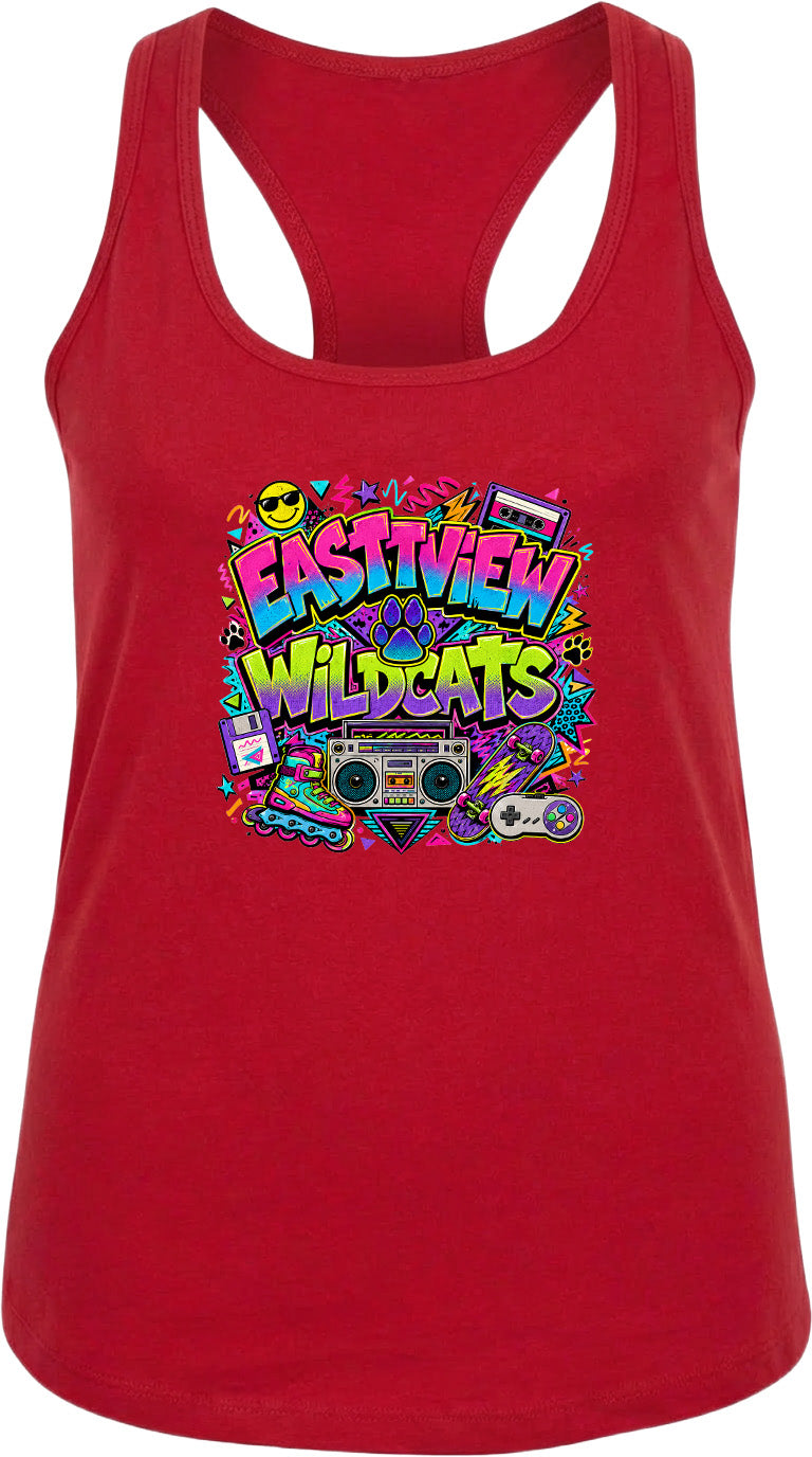 A red tank top with a colorful graphic design featuring the text "EASTVIEW WILDCATS" surrounded by various icons and symbols, such as a boombox, cassette tape, and other retro-style elements.