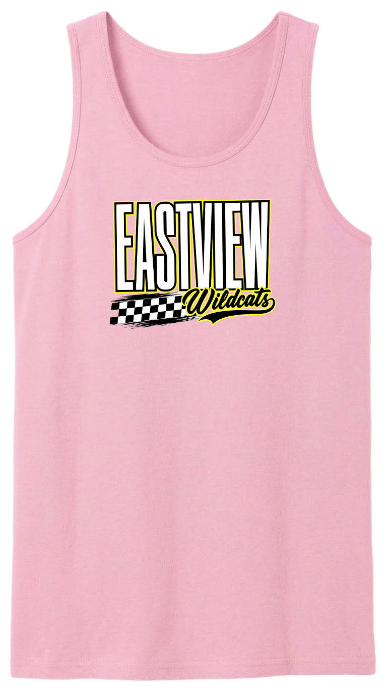 A pink tank top with a graphic design featuring the text "EASTVIEW Wildcats" in yellow and black.