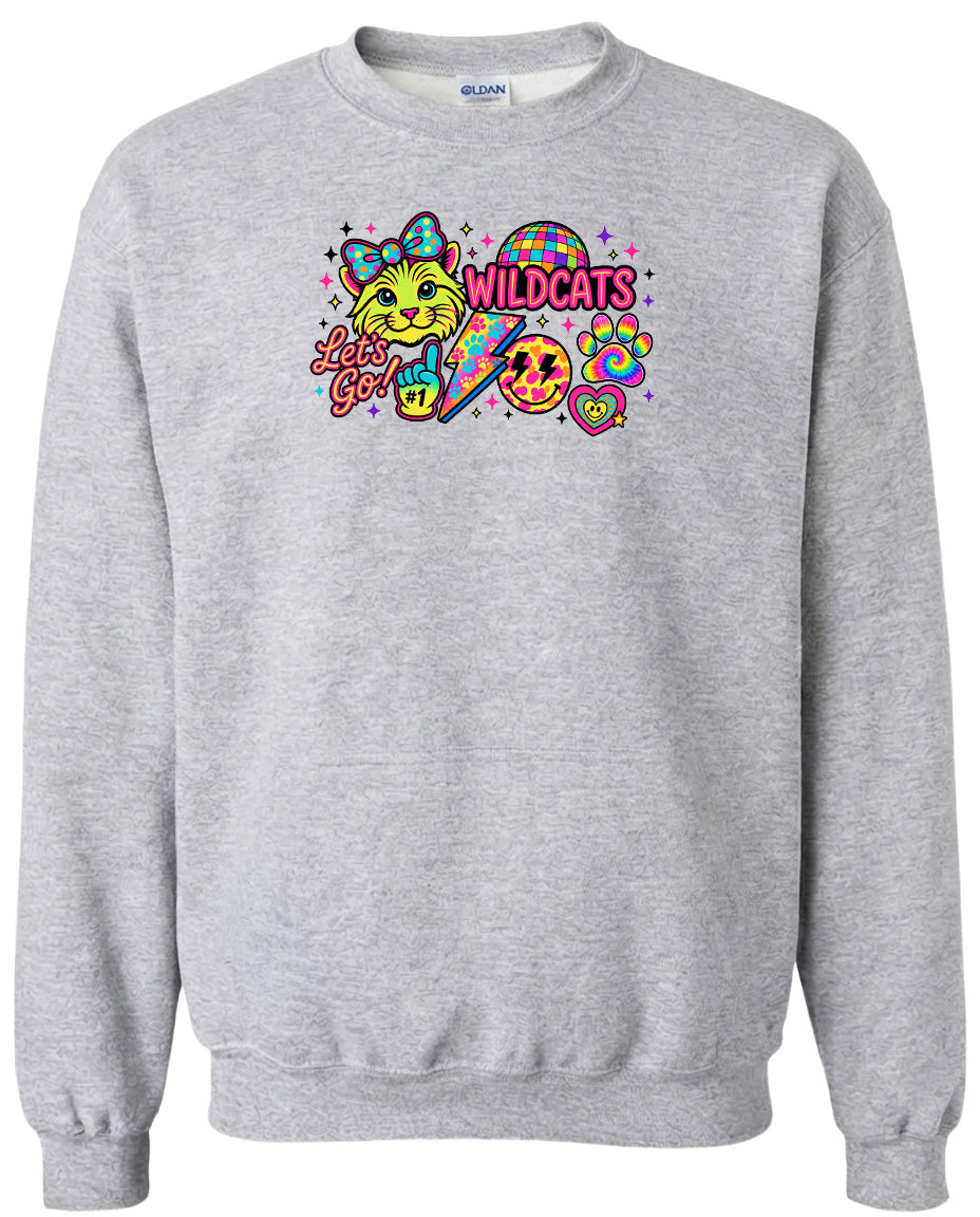 A gray sweatshirt with a colorful graphic design featuring a cat, a rainbow, and various other elements.