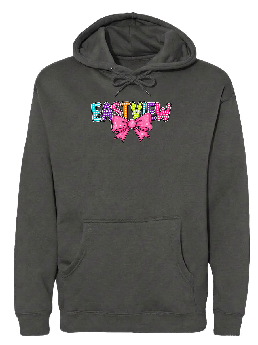 A gray hoodie with a colorful bow and the word "EASTVIEW" printed on it.