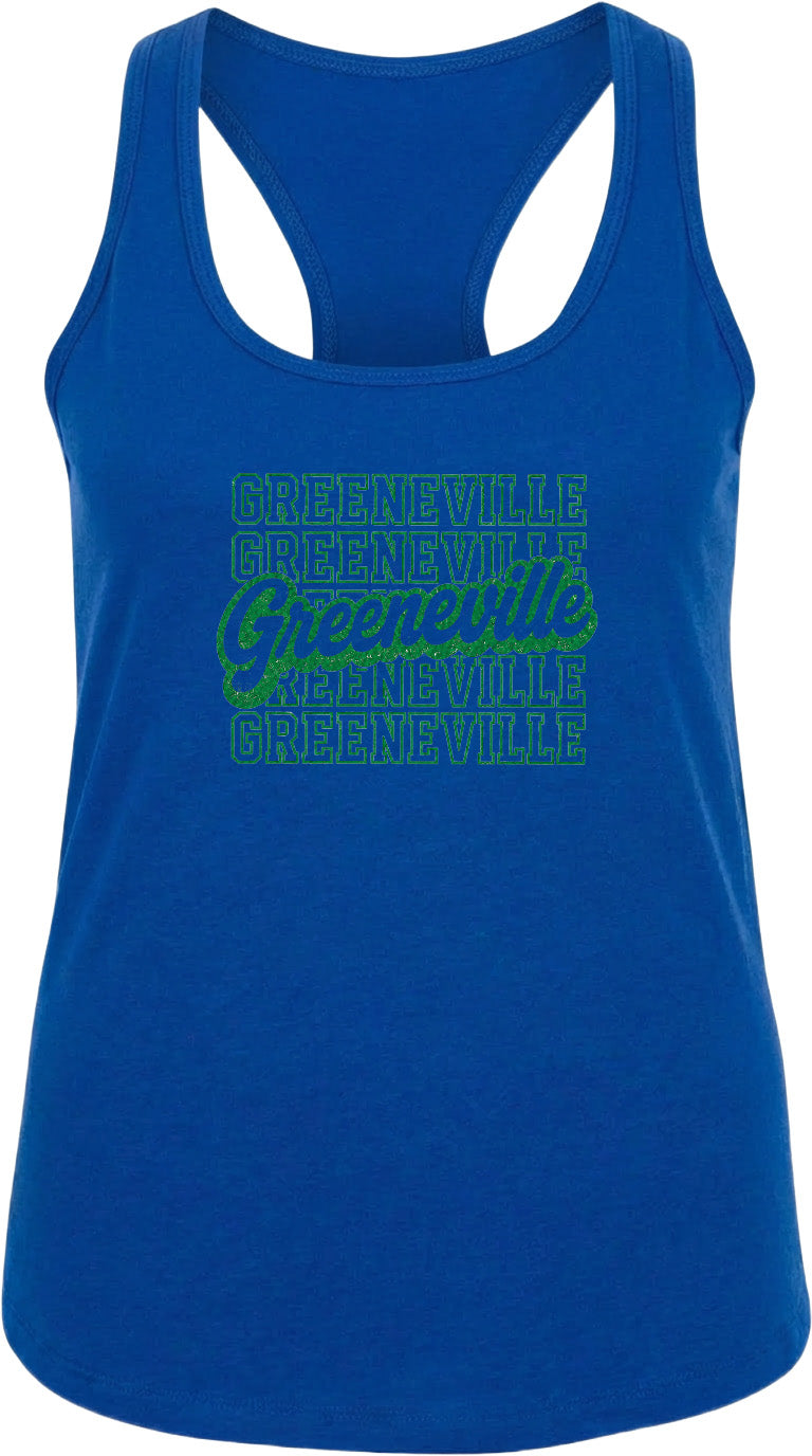 A blue tank top with the text "Greenville" printed in green on it.