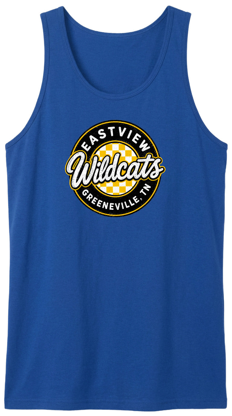 A blue tank top with a graphic design featuring the text "EASTVIEW Wildcats" and "Greeneville, TN" printed on it.