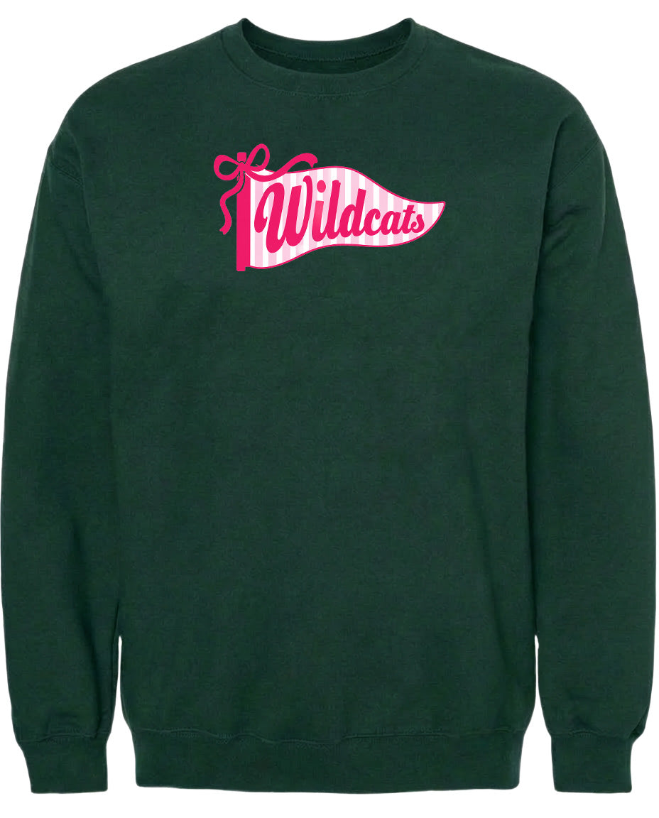 A dark green sweatshirt with a pink and white banner design that says "Wildcats".