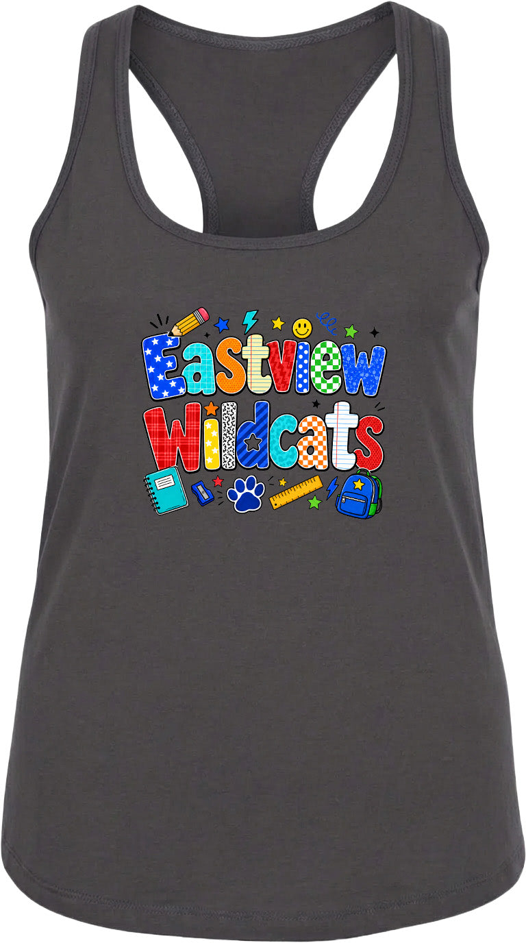 A gray tank top with a colorful graphic design featuring the text "Eastview Wildcats" and various school-related icons such as a backpack, pencil, and ruler.