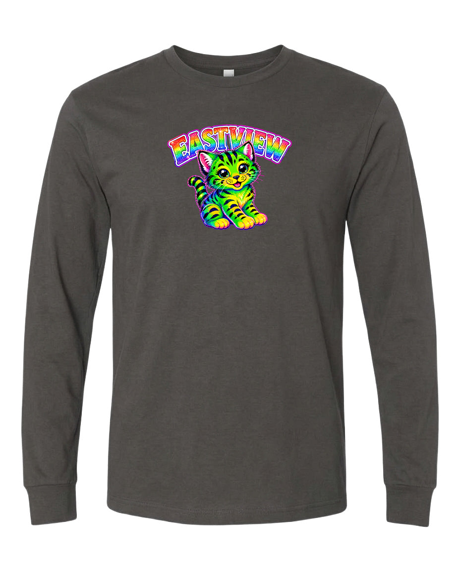 A gray long-sleeved t-shirt with a colorful graphic of a cat and the text "EASTVIEW" printed on it.