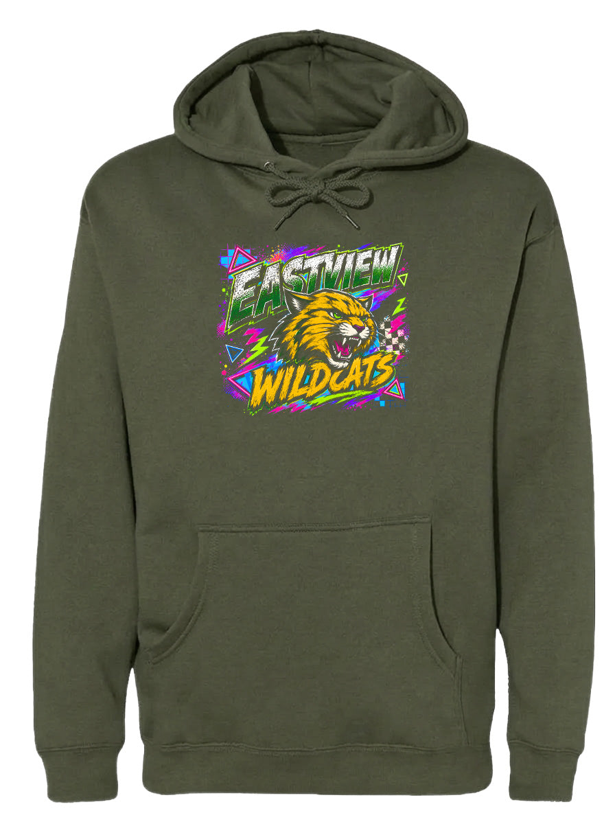 A green hoodie with a graphic design featuring a yellow and orange tiger's head surrounded by colorful geometric shapes and the text "EASTVIEW WILDCATS".
