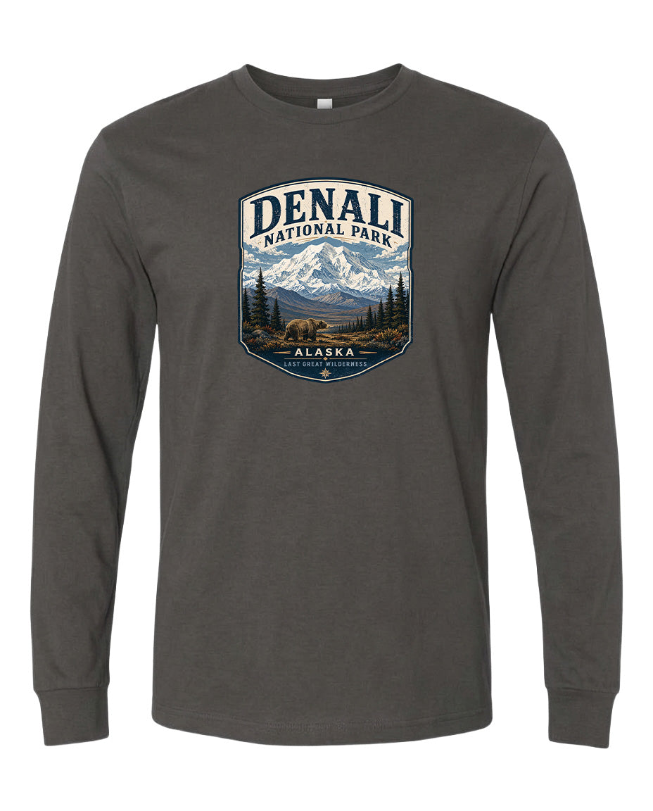 A gray long-sleeved t-shirt with a graphic design depicting the Denali National Park in Alaska.