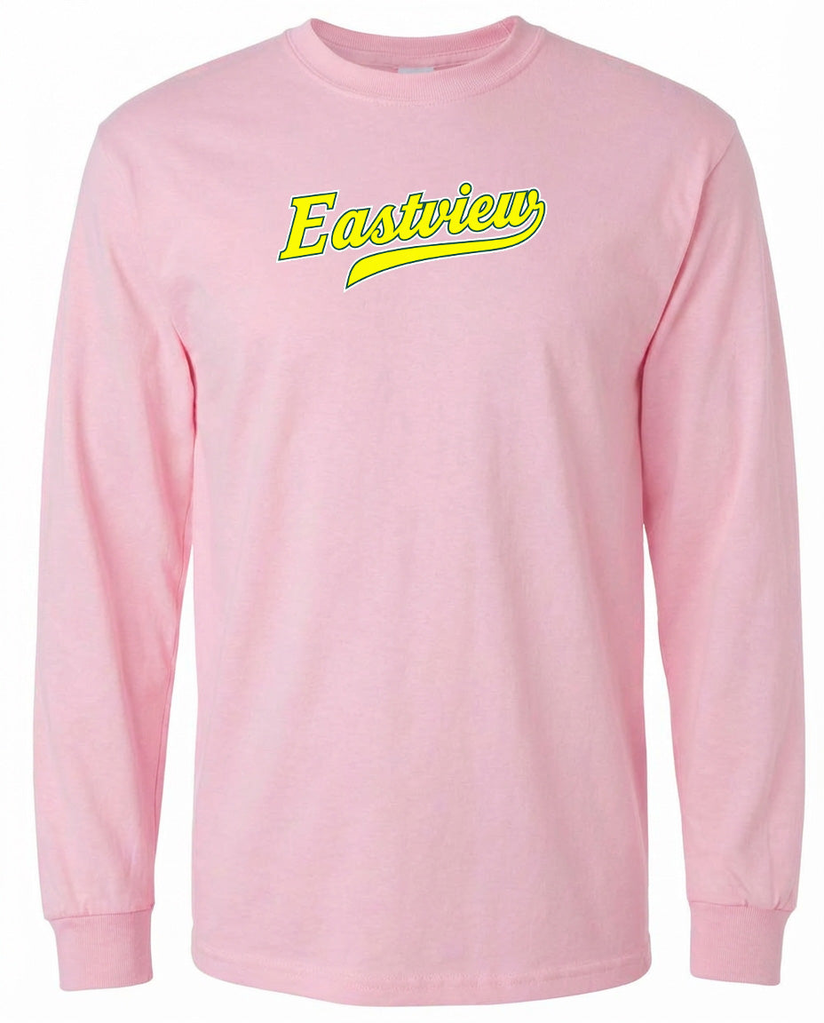 A pink long-sleeved t-shirt with the word "Eastview" printed in yellow on the front.