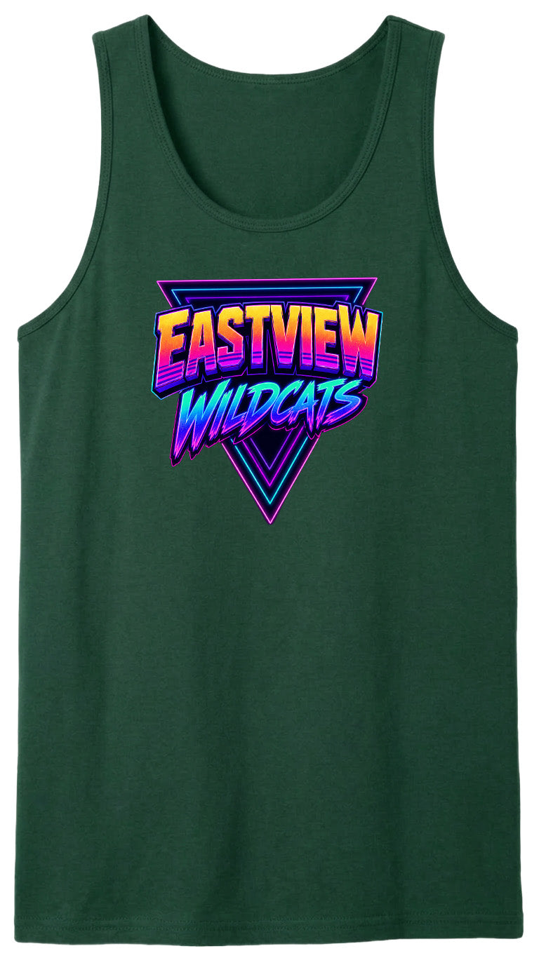 A green tank top with a graphic design featuring the text "EASTVIEW WILDCATS" in a retro, neon-style font.