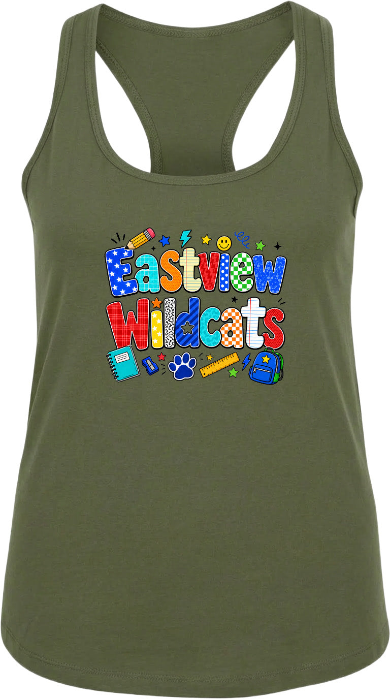 A green tank top with a colorful graphic design featuring the text "Eastview Wildcats" and various school-related icons such as a pencil, backpack, and calculator.