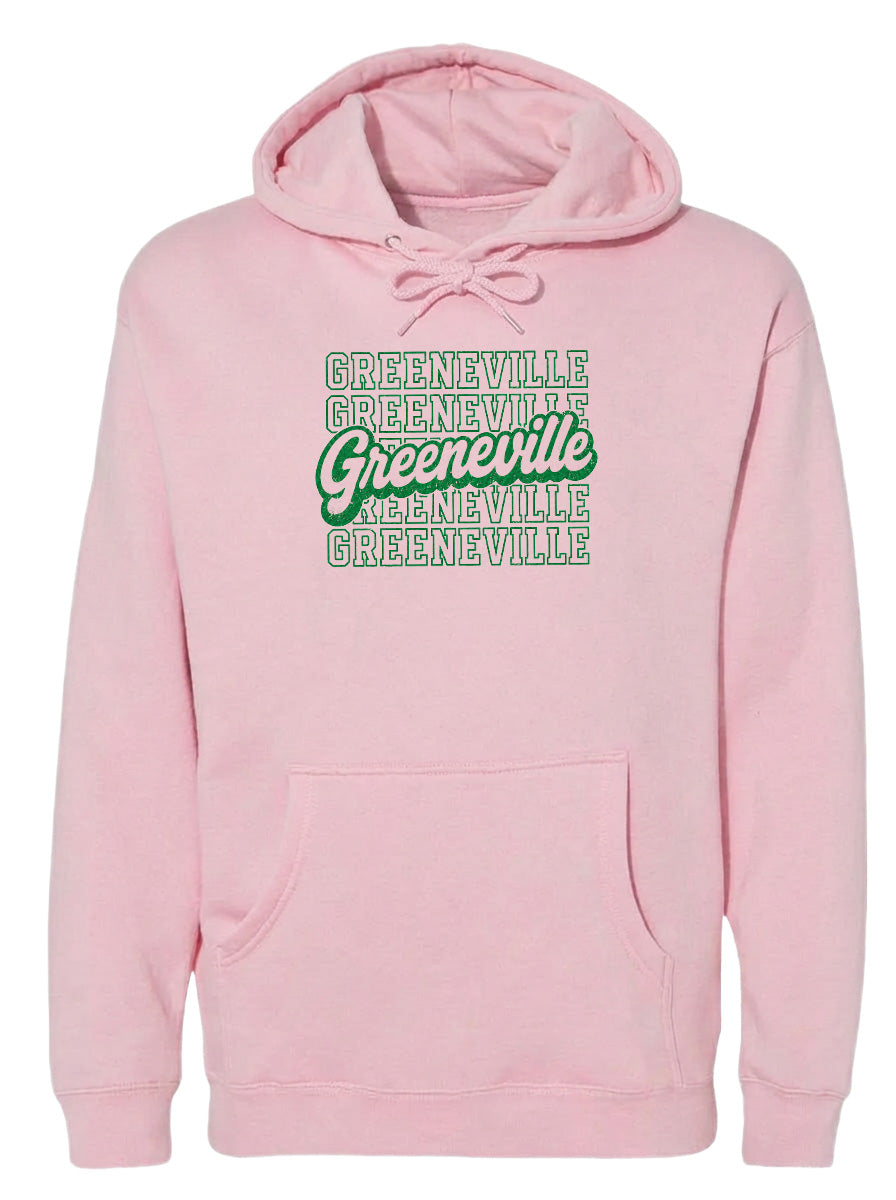 A pink hoodie with the text "Greeneville Greeneville Greeneville" printed on it.