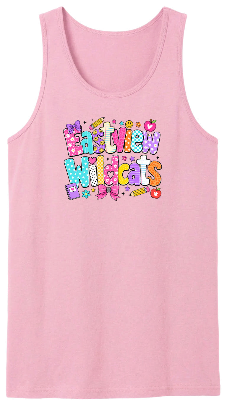 A pink tank top with a colorful graphic design featuring the text "Eastview Wildcats" and various decorative elements such as stars, hearts, and flowers.