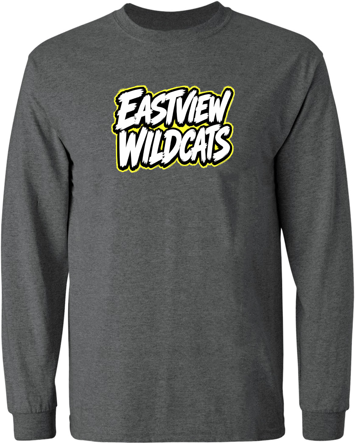 A gray long-sleeved shirt with a bold, yellow text logo that reads "EASTVIEW WILDGATS".