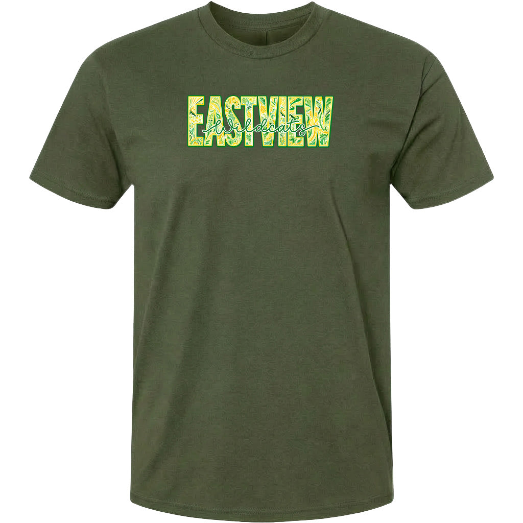 A dark green t-shirt with the text "EASTVIEW" printed on it in a stylized font.