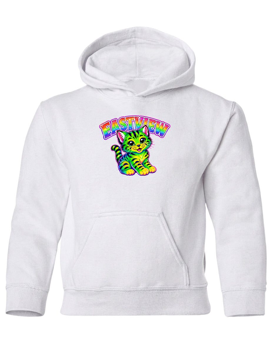 A white hoodie with a colorful graphic of a cat and the text "EASTVIEW" printed on it.